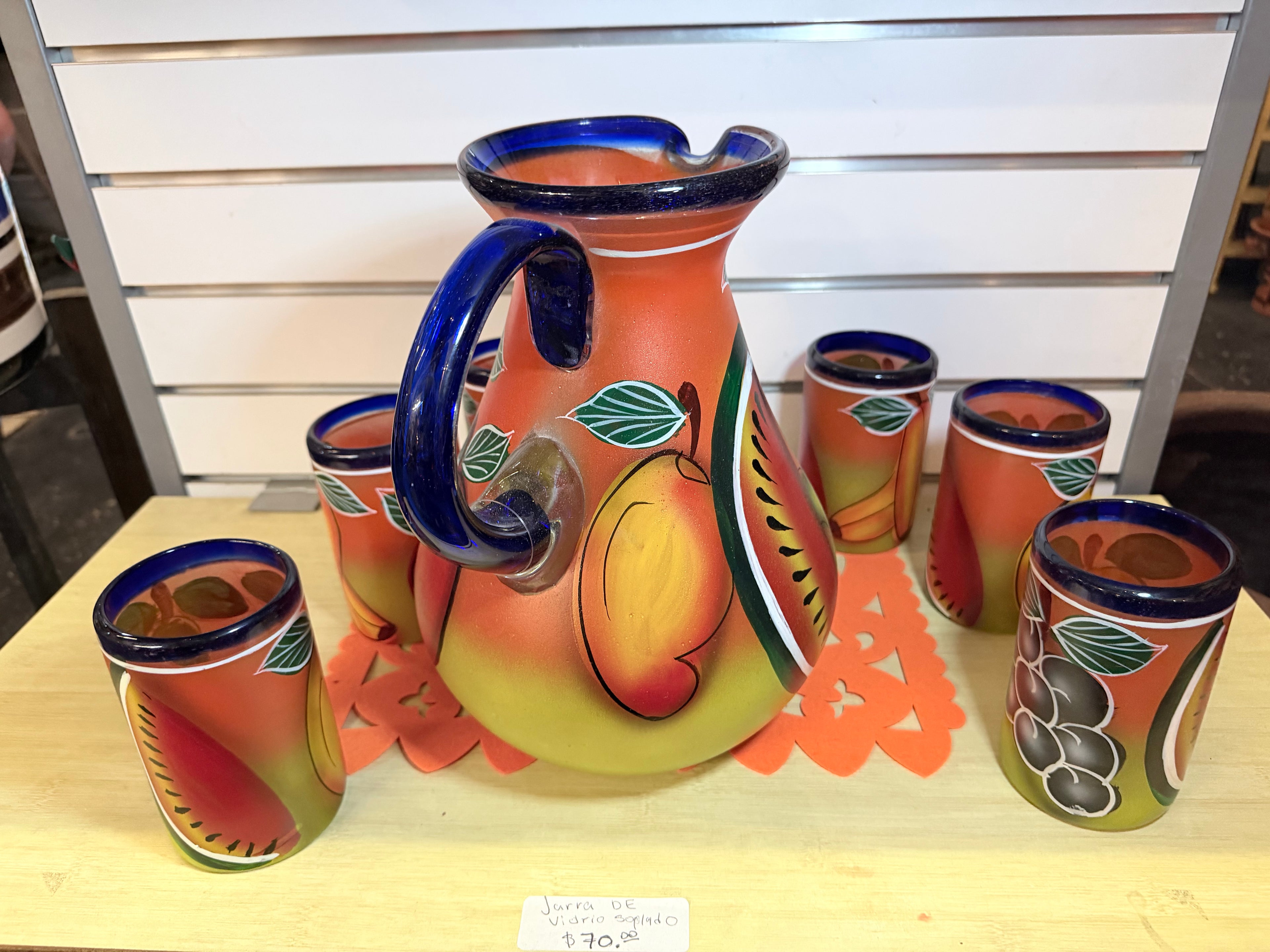 Juego de Jarra con 6 Vasos de Vidrio Soplado Frutal